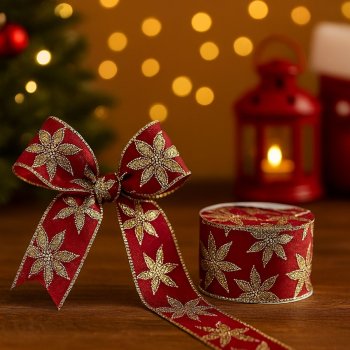 Fita Decorativa Vermelha com Flores em Dourado - 9,14m