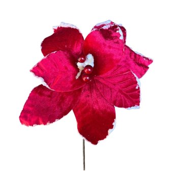 Flor Natalina Aveludada Vermelho com Branco - 20cm