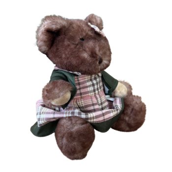 Urso De Pelucia Sentada De Vestido Xadrez Rosa e Marrom 26cm